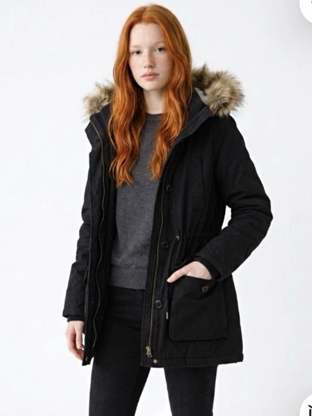 Garage Black Hooded Puffer Parka with Faux-Fur Trim